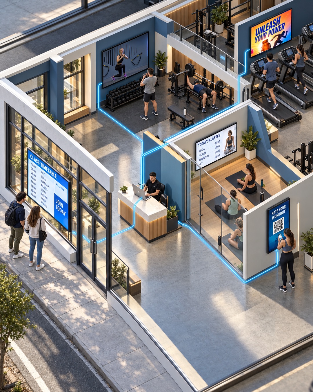 Isometric view of a gym: a laptop at reception controls screens in the shop window, the weights area, the cardio area, the studio and a feedback screen with a QR poll