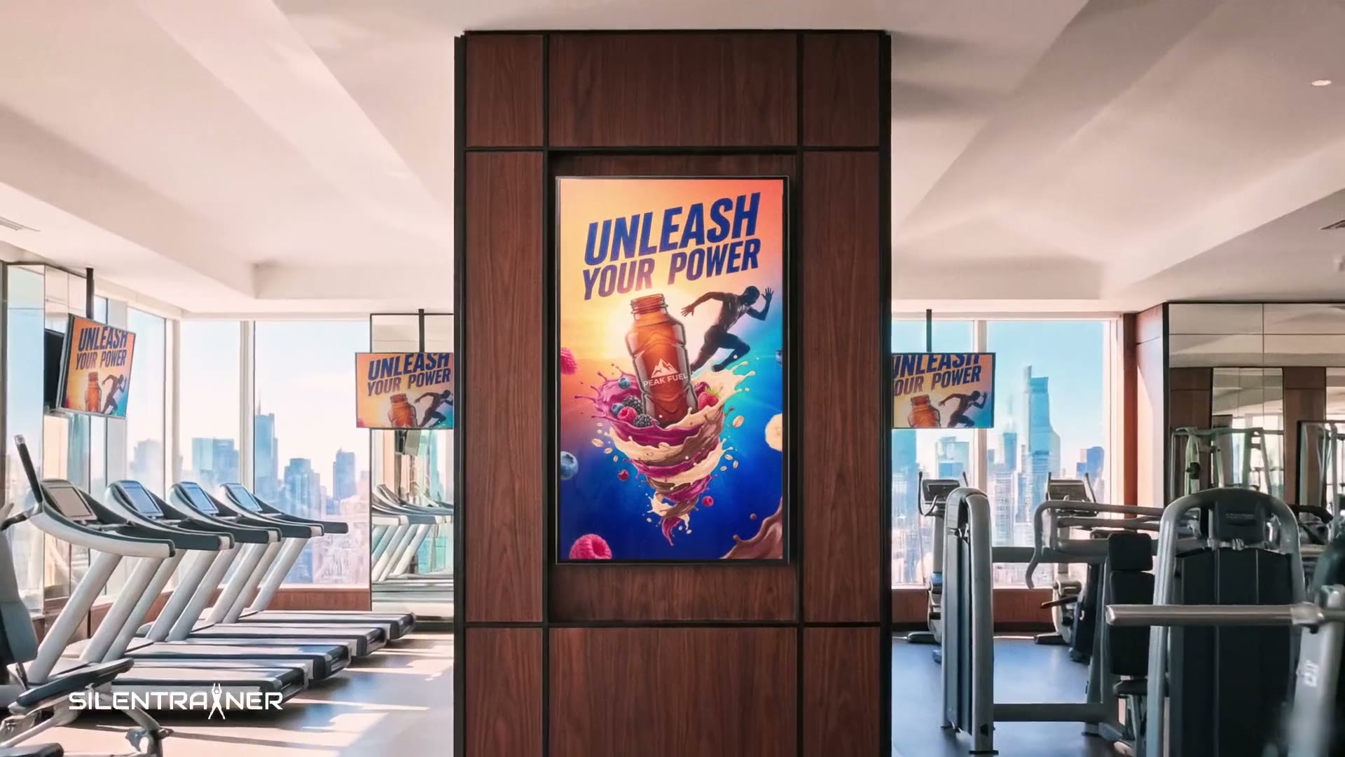 A hotel gym with city views and a portrait screen on a wooden column, with more screens above the treadmills, all showing a drinks promotion