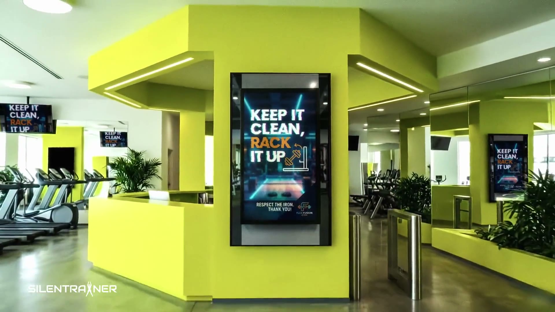 A portrait screen at a reception desk showing an uploaded graphic, with more screens in the exercise areas behind it