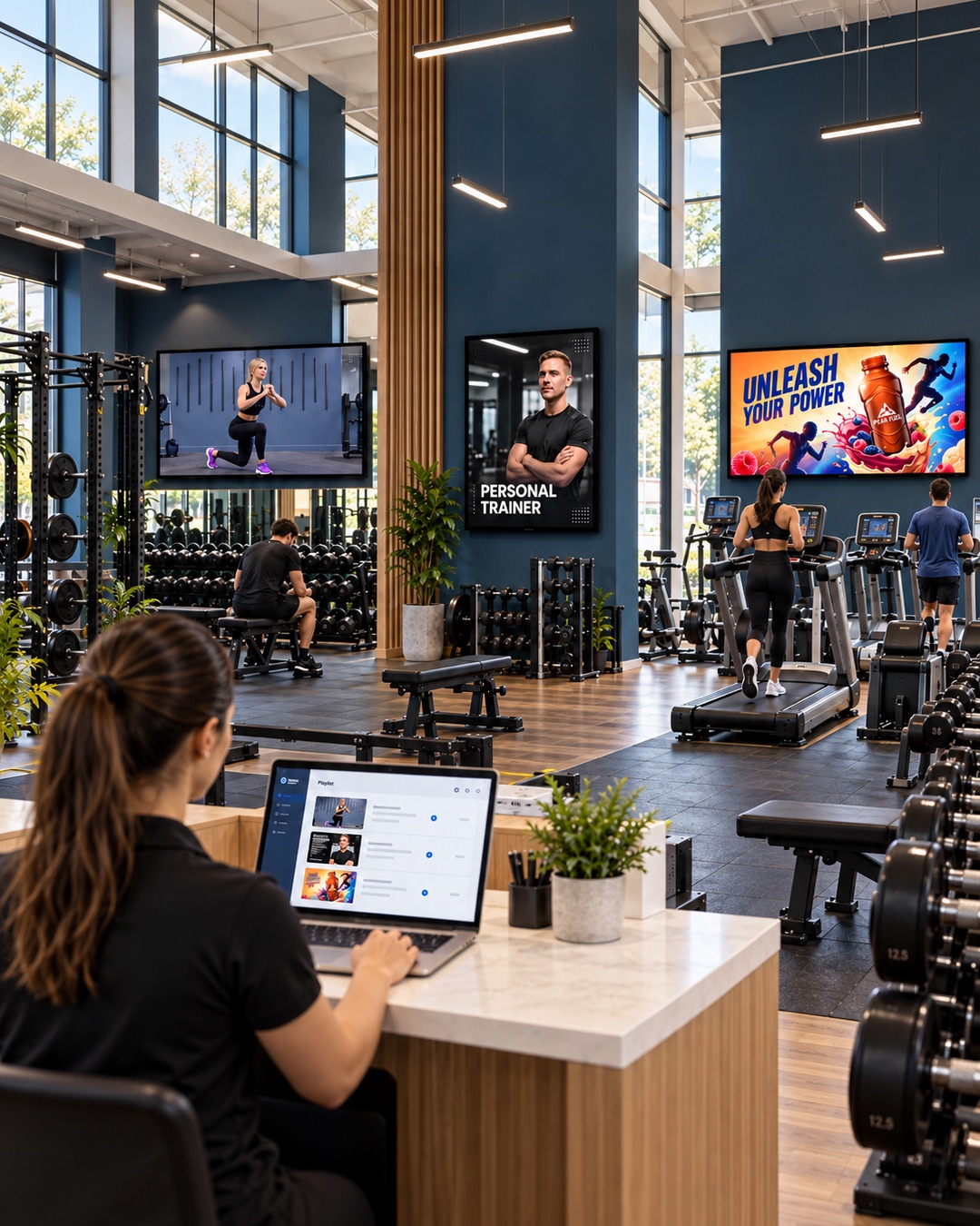 A gym with screens on the training floor and above the cardio area, while a staff member updates the content on a laptop at reception