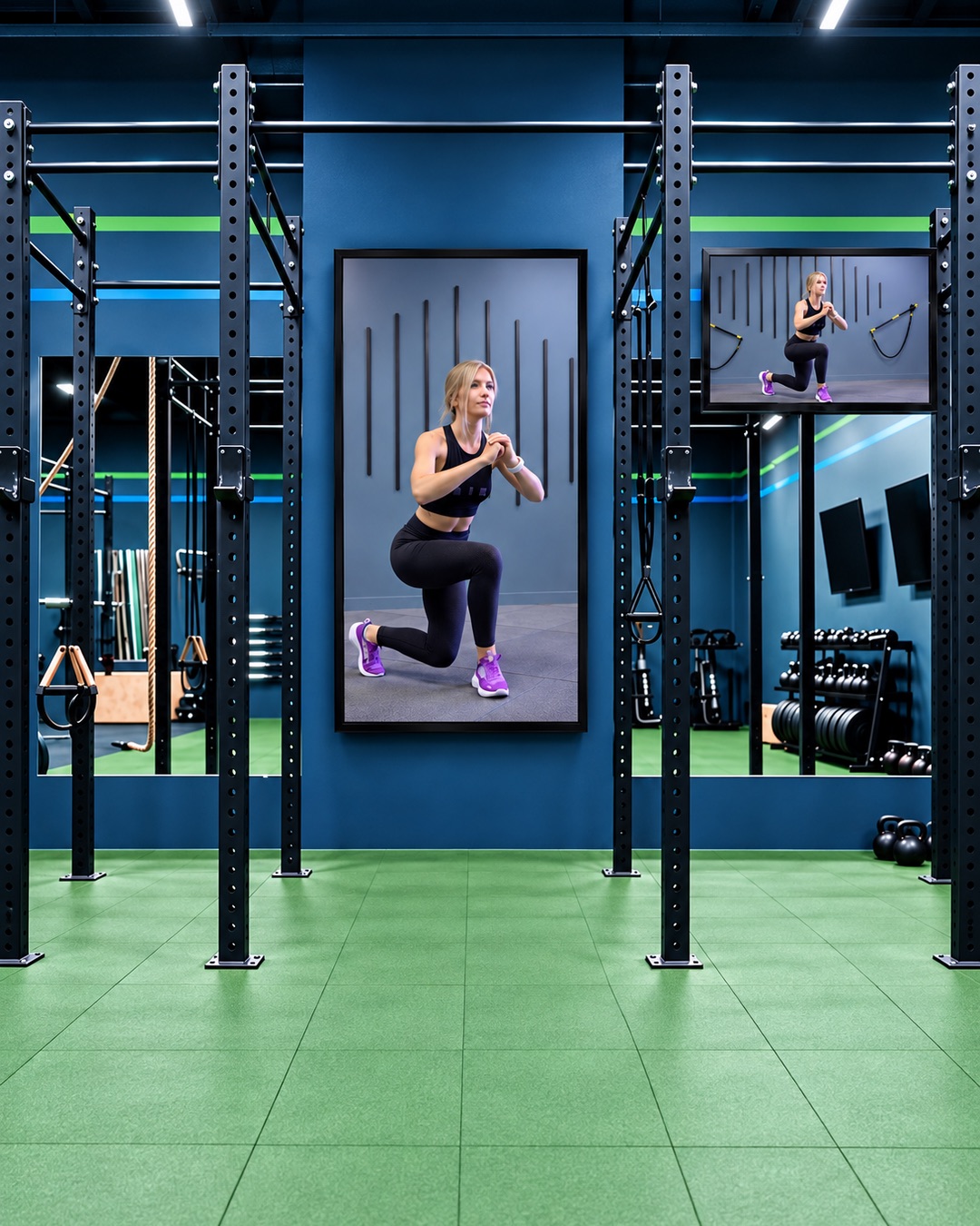 Functional training area with two screens between the rigs, both showing a trainer demonstrating a lunge