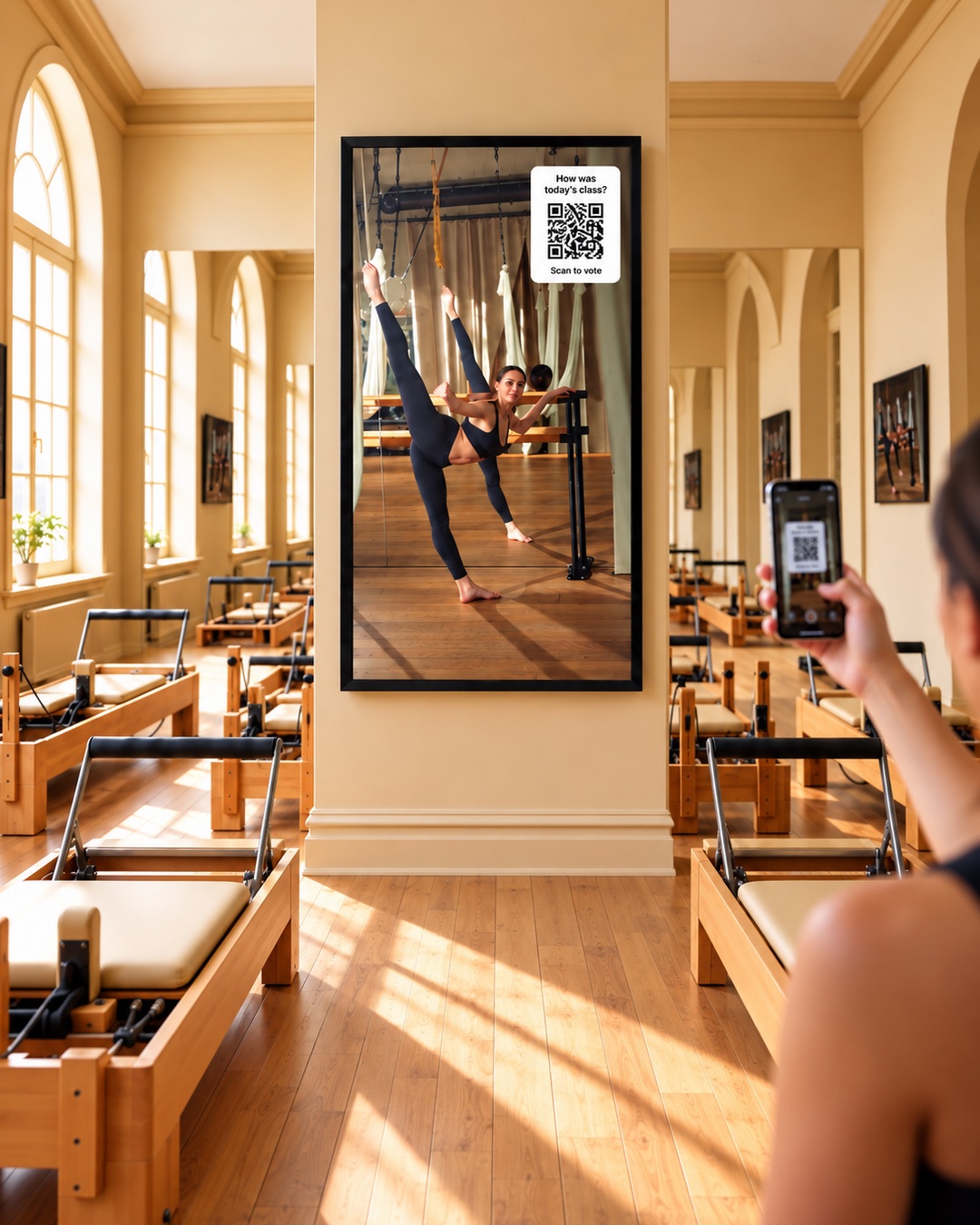 A studio with a portrait screen showing an instructor video and a QR code, which a member scans with her phone